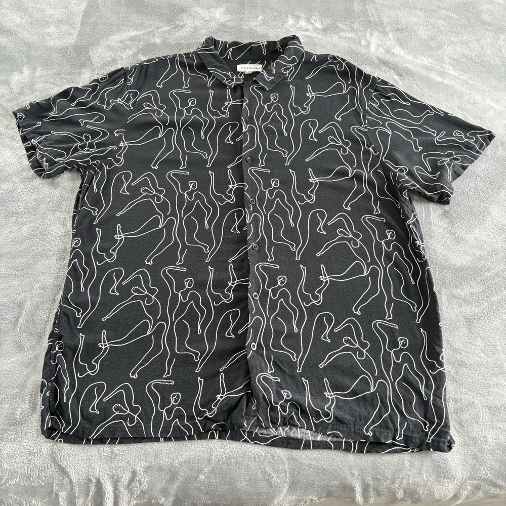 Pacsun XL Men's Black Button Up Shirt People Print Short‎ Sleeve Casual Top